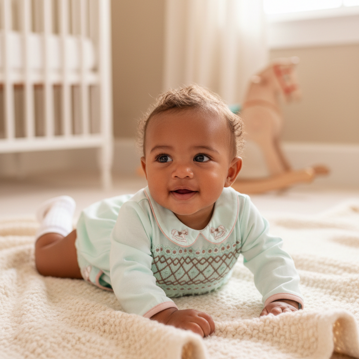 mint cotton baby boys smocked outfit with embroidered details rocking horse theme