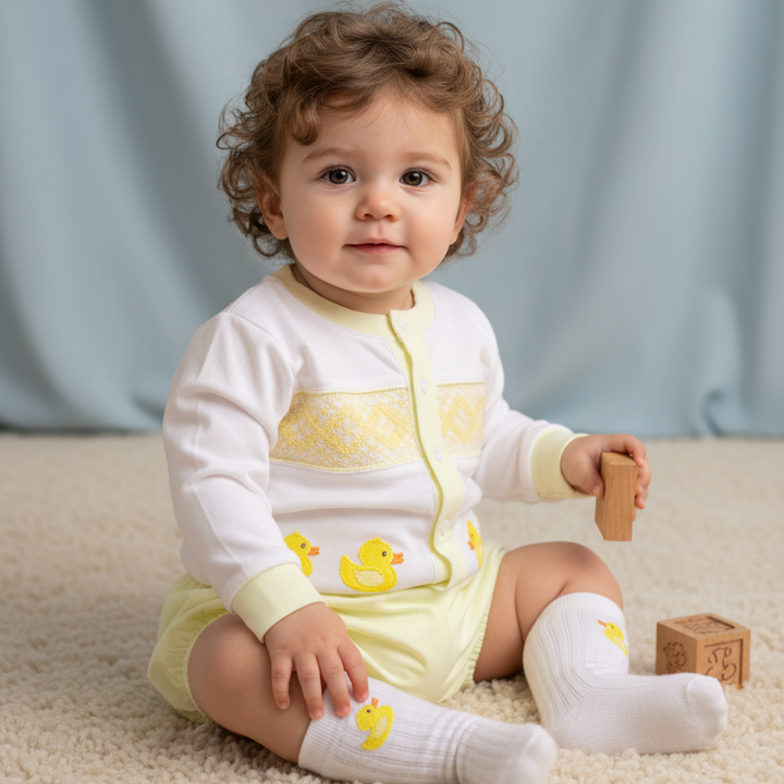 Classic baby boys soft cotton lemon suit set. hand smocked hand embroidered. Newborn to 3 years