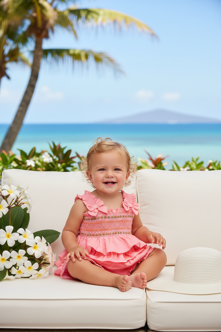 Ocean Baby Girls Peach Ruffle Smocked Shorts Set (12M-10Y)