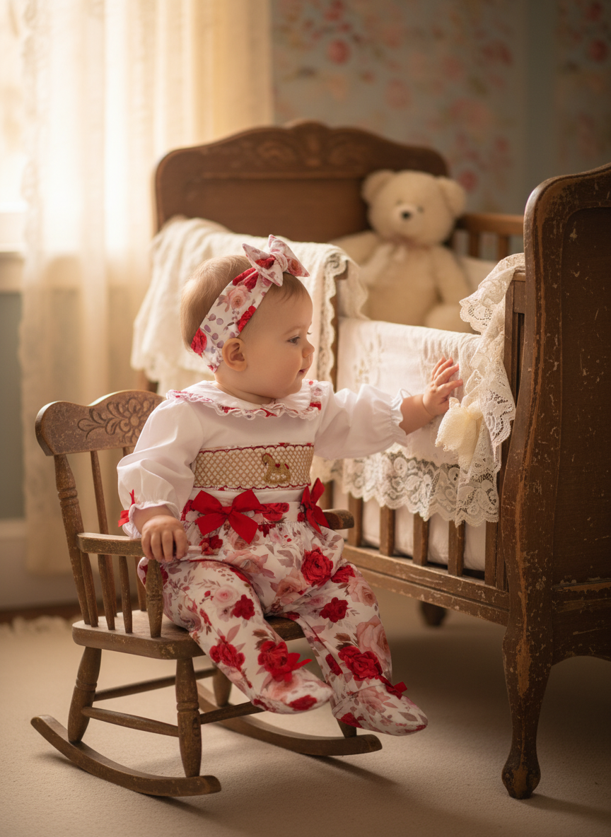 Ocean Baby New Concept Smocked Sleepsuit-Outfit & Headband Set (NB-18M) Rose Rocking Horse