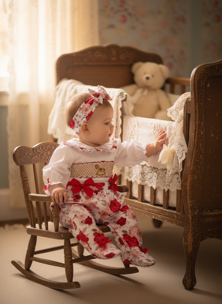 Ocean Baby New Concept Smocked Sleepsuit-Outfit & Headband Set (NB-18M) Rose Rocking Horse