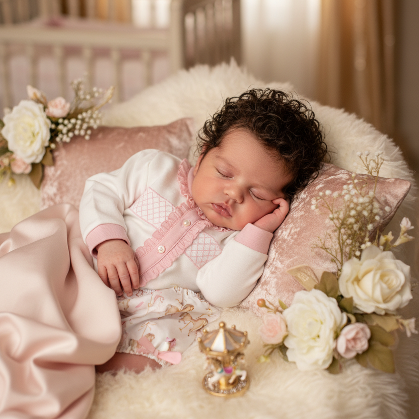 white cotton pink cotton smocked baby girls clothing outfit carousel themed babywear