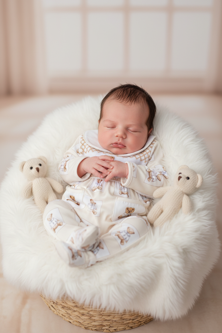 Ocean Baby Boys Smocked Cream Teddy Sleepsuit & Bib Set (NB-12M)