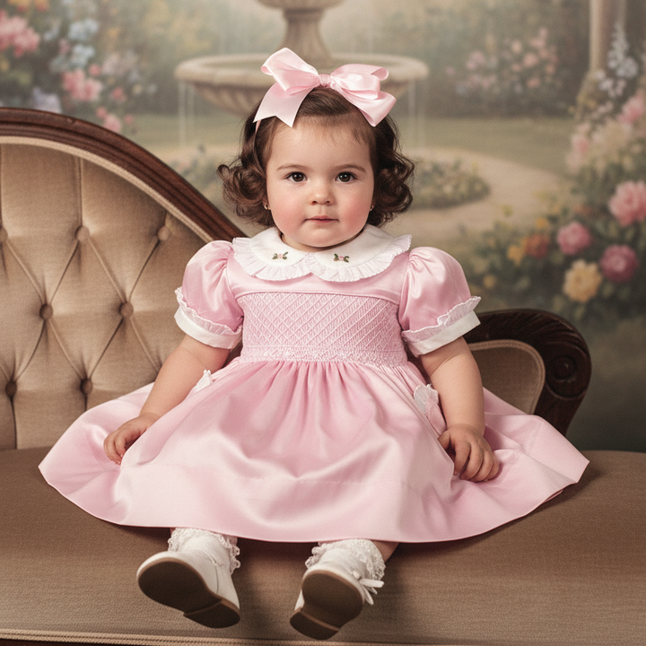 Ocean Baby Girls Exclusive Rose Lux Collection Satin Smocked Petticoat Layered Dress (NB-8Yrs)