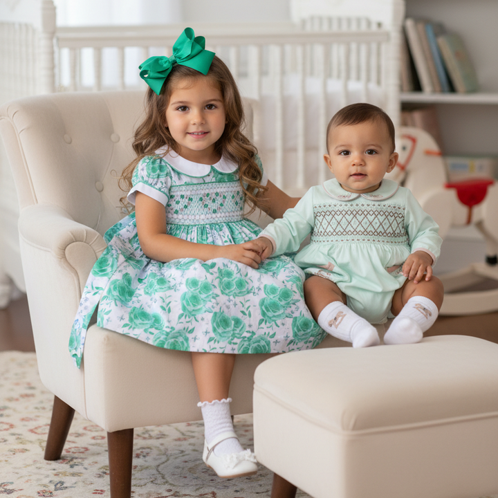 matching smocked baby and kids dresses and suits newborn to 10 years mint cotton smocked dress