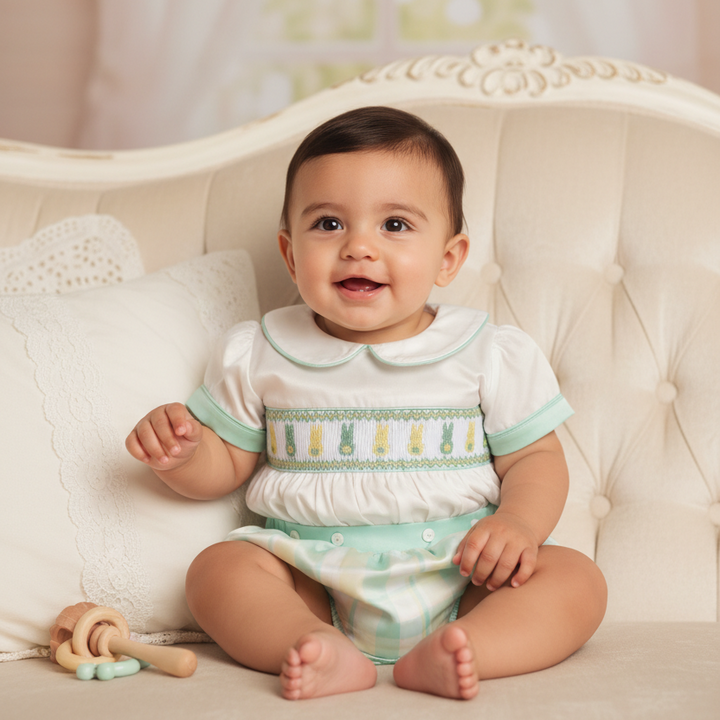 luxury hand embroidered smocked bunny outfit