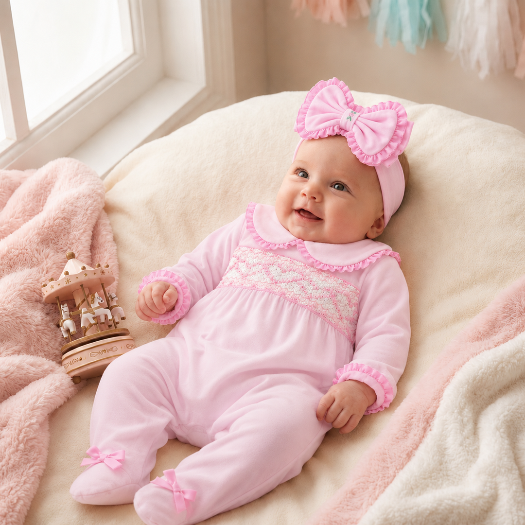 baby girls smocked pink sleepsuit sets