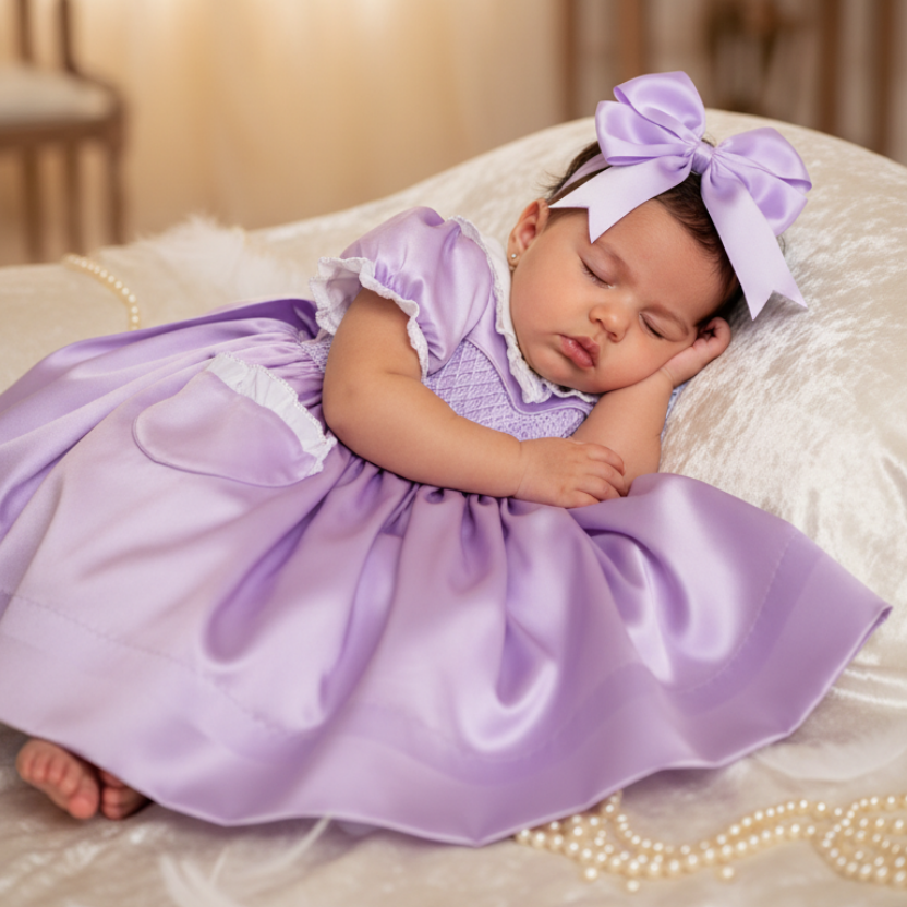 Ocean Baby Girls Exclusive Lilac Lux Collection Satin Smocked Front & Back Petticoat Layered Dress (NB-8Yrs)