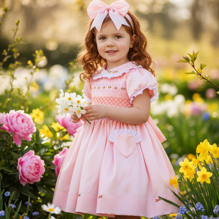 peach silk baby dress smocked baby dress