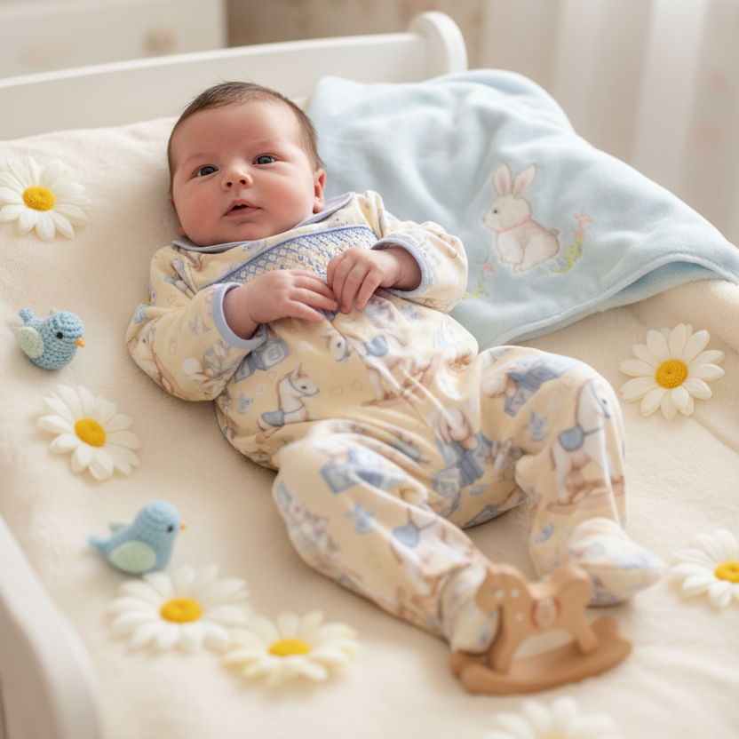 newborn cream cotton baby boys sleepsuit with smocked bodice