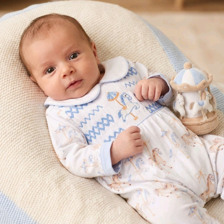 Ocean Baby Boys Carousel Smocked Sleepsuit & Bib Set (NB-18M)