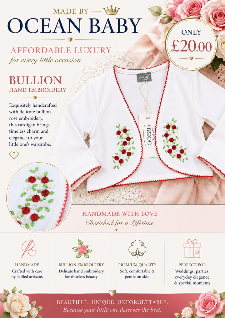 Ocean Baby Girls Hand Embroidered Rose Bullion Cardigan White/Red (NB-10Yrs)