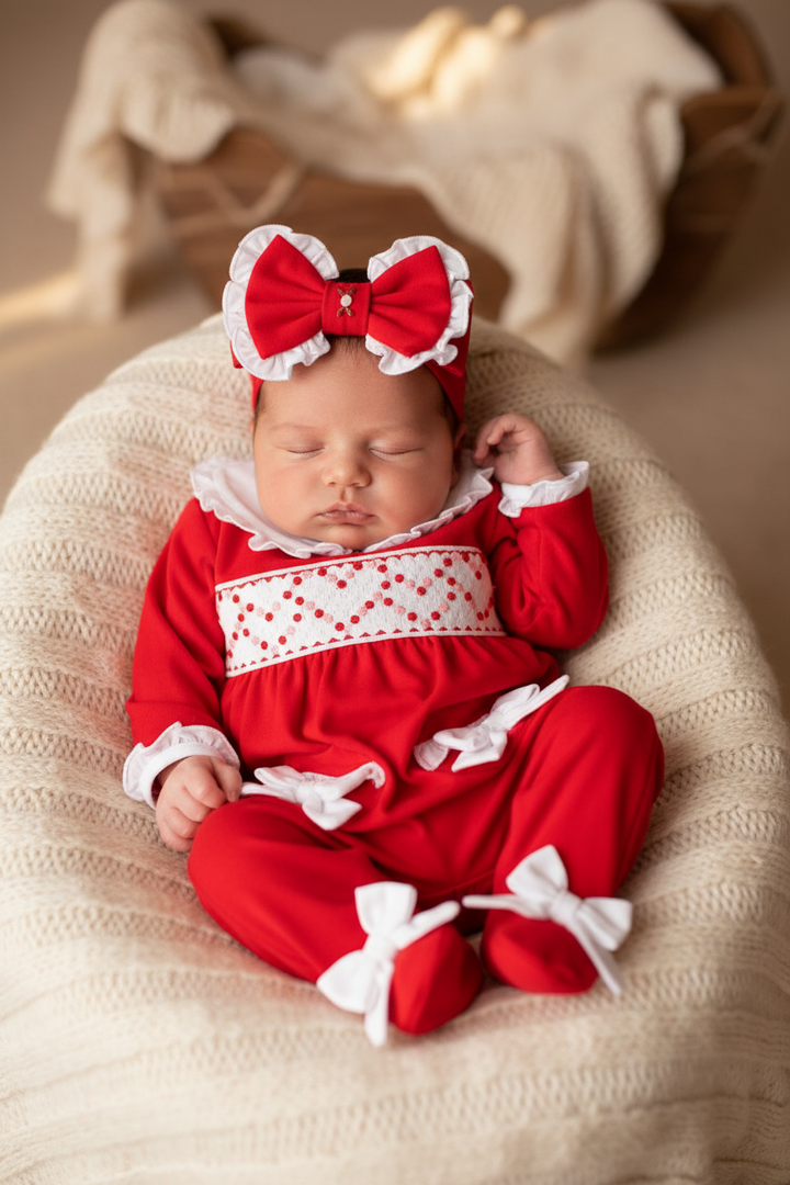 Ocean Baby Girls Red Collection Smocked Sleepsuit & Headband Set (NB-18M)