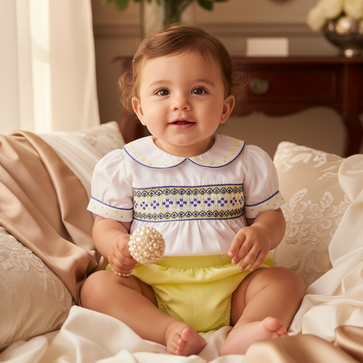 lemon cotton smocked baby boy handmade outfit