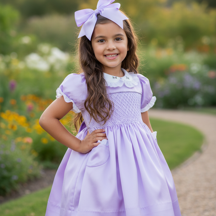 Ocean Baby Girls Exclusive Lilac Lux Collection Satin Smocked Front & Back Petticoat Layered Dress (NB-8Yrs)