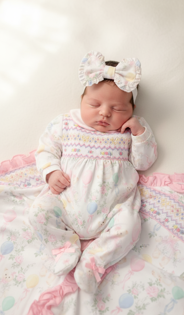 Ocean Baby Girls Smocked Pastel Teddy Bear Sleepsuit & Headband Set (NB-18M)