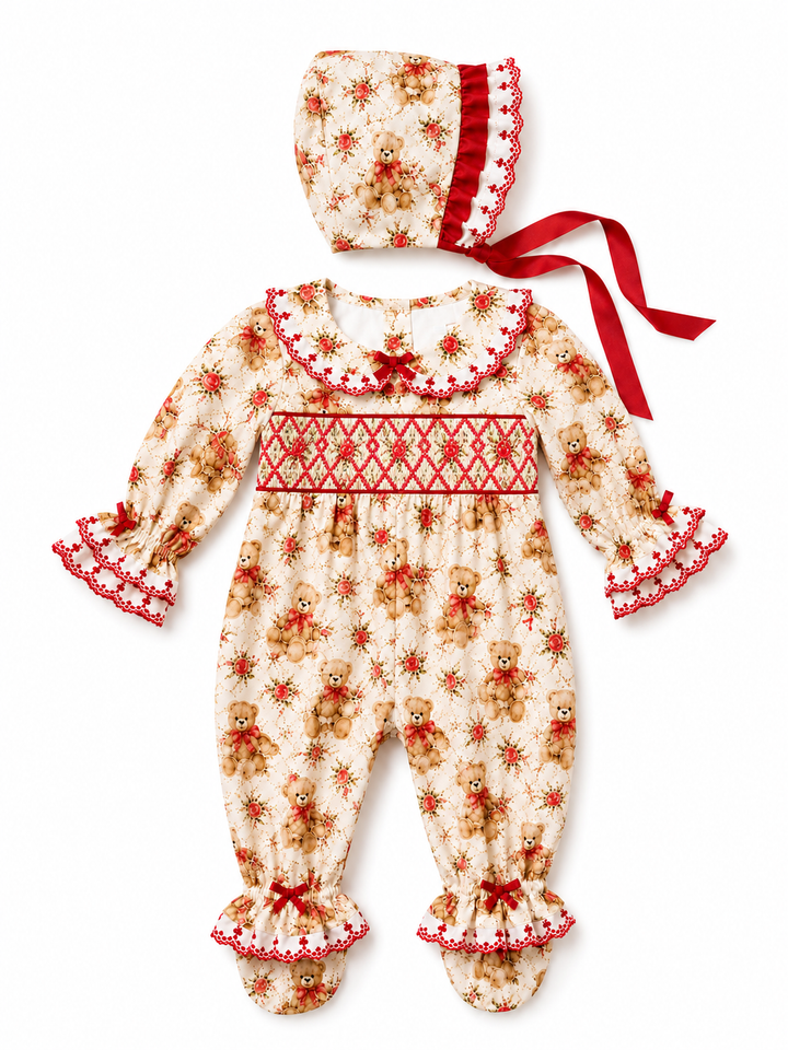 smocked girls sleepsuit and bonnet set 