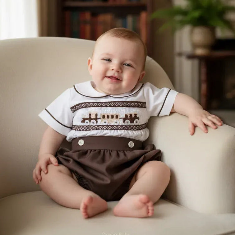 Ocean Baby Mulberry Bloom Train Themed Smocked Buster Suit (NB-3Yrs)