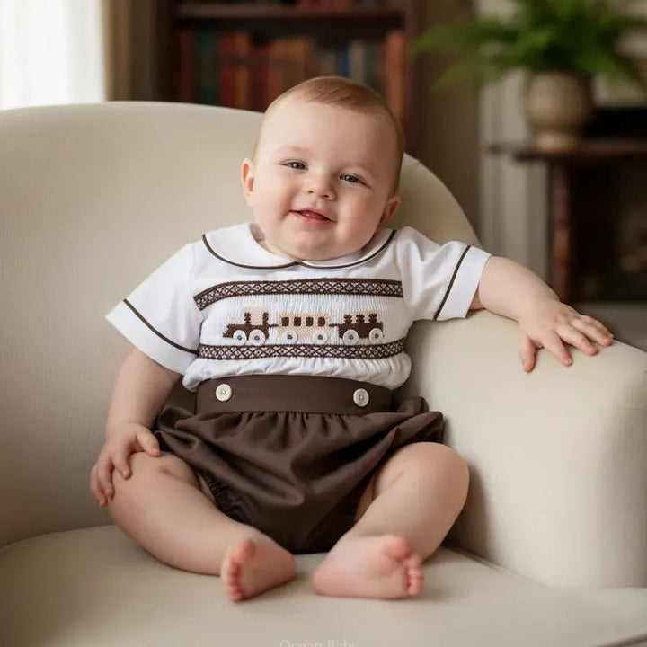 Ocean Baby Mulberry Bloom Train Themed Smocked Buster Suit (NB-3Yrs)