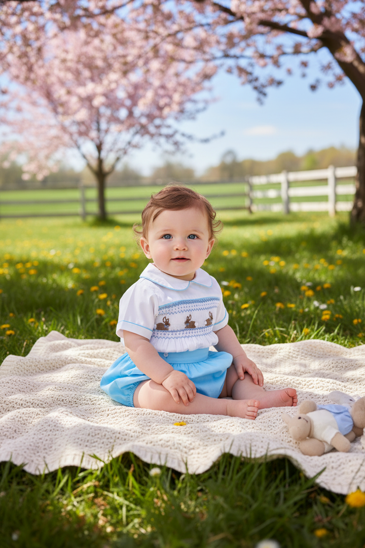Ocean Baby Boys Blue Bunny Themed Smocked Buster Suit (NB-3Yrs)