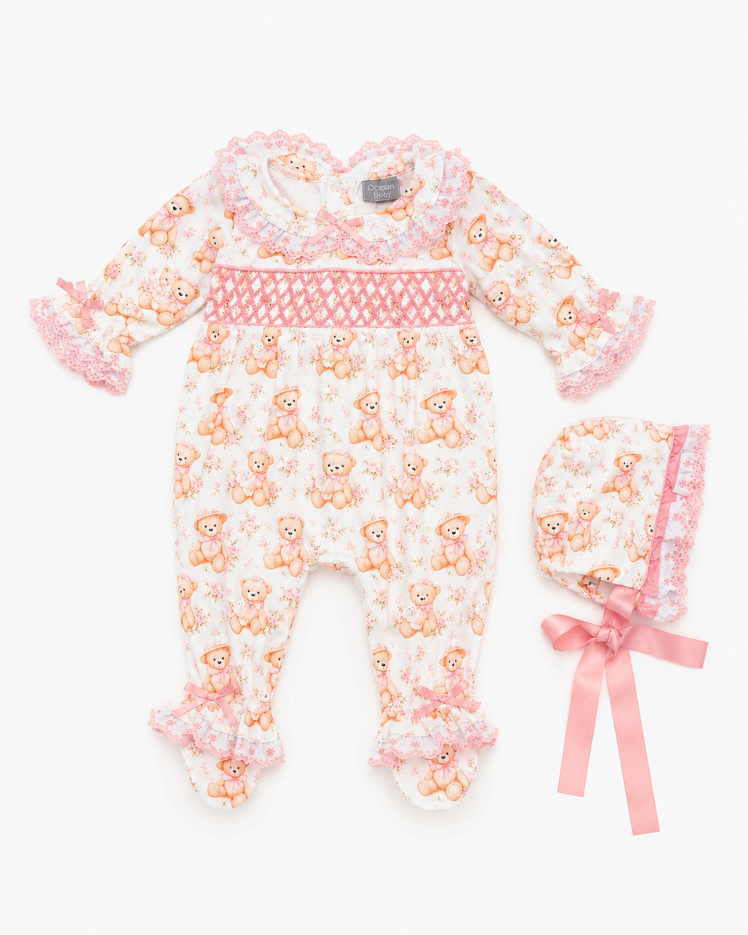 baby girls smocked sleepsuit and bonnet set