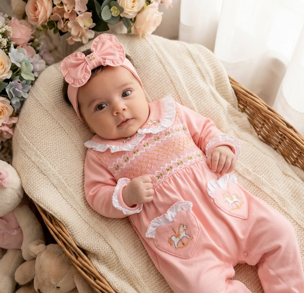 Ocean Baby Girls Peach Smocked Carousel Sleepsuit & Headband Set (NB-18M)