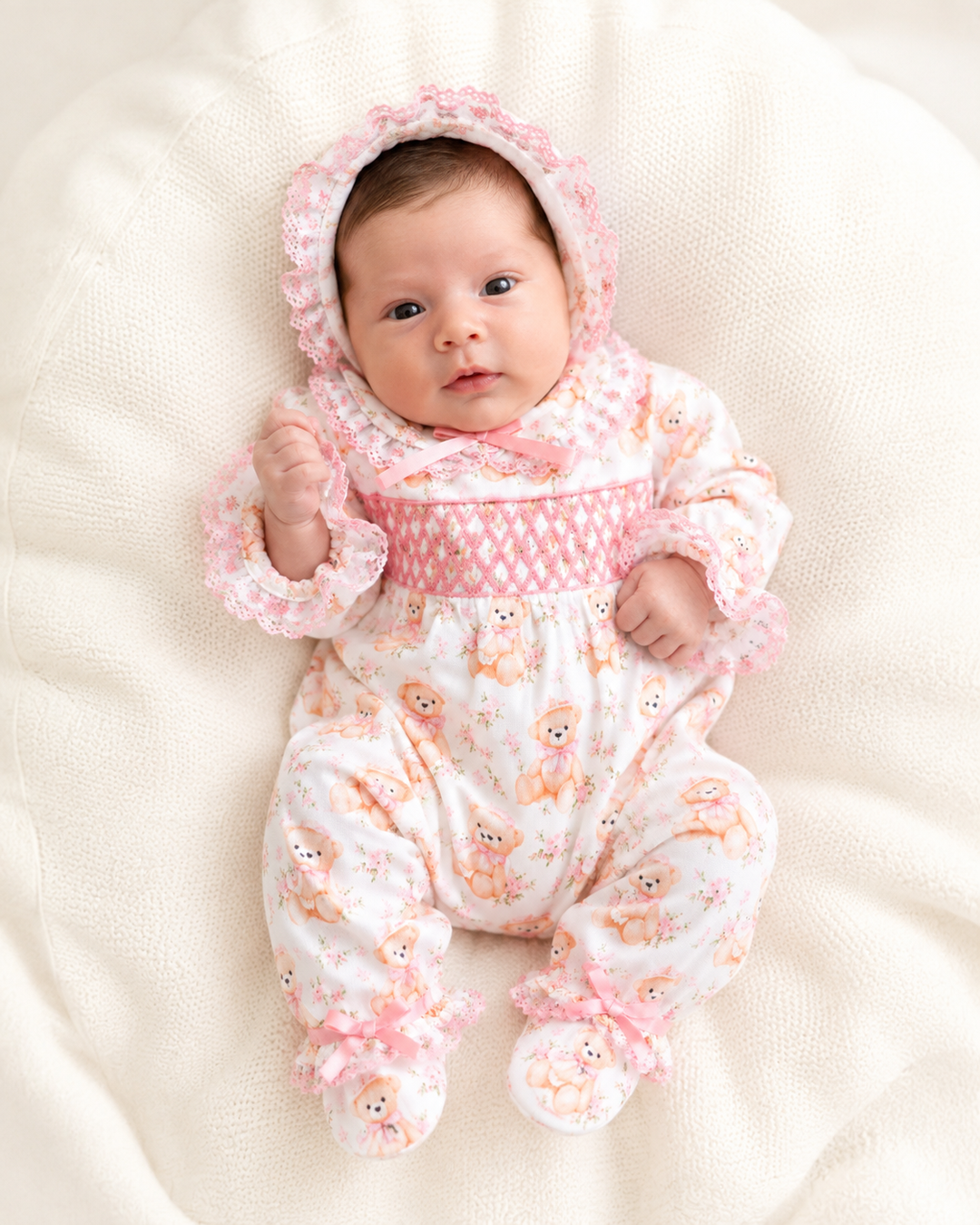 smocked baby girls sleepsuit 