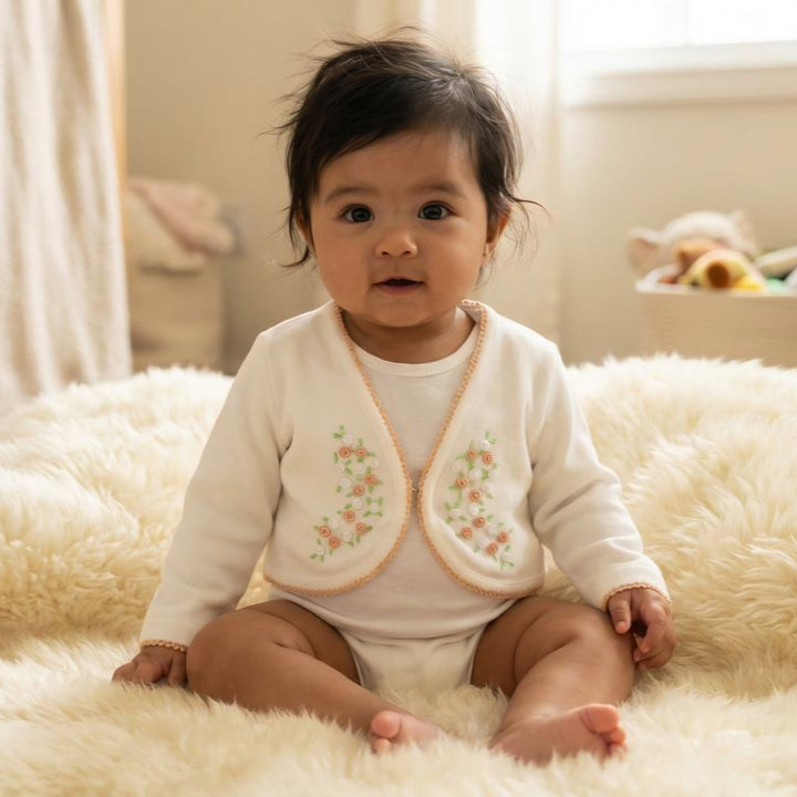 Ocean Baby 'My Little Treacle' Hand Embroidered Rose Bullion Cardigan White/Peach (NB-10Yrs)