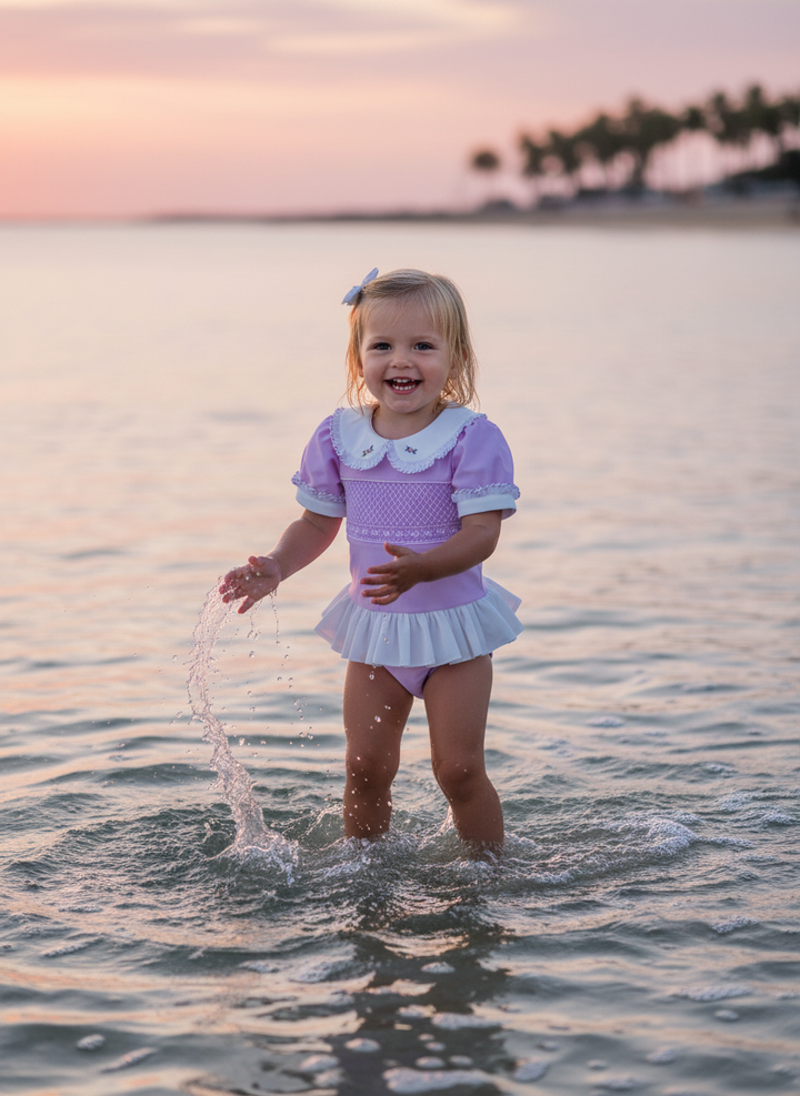 Lavender Sea-2-Shore Smocked Girls Swimsuit with Poppers - SPF Protected (6M-6Yrs)