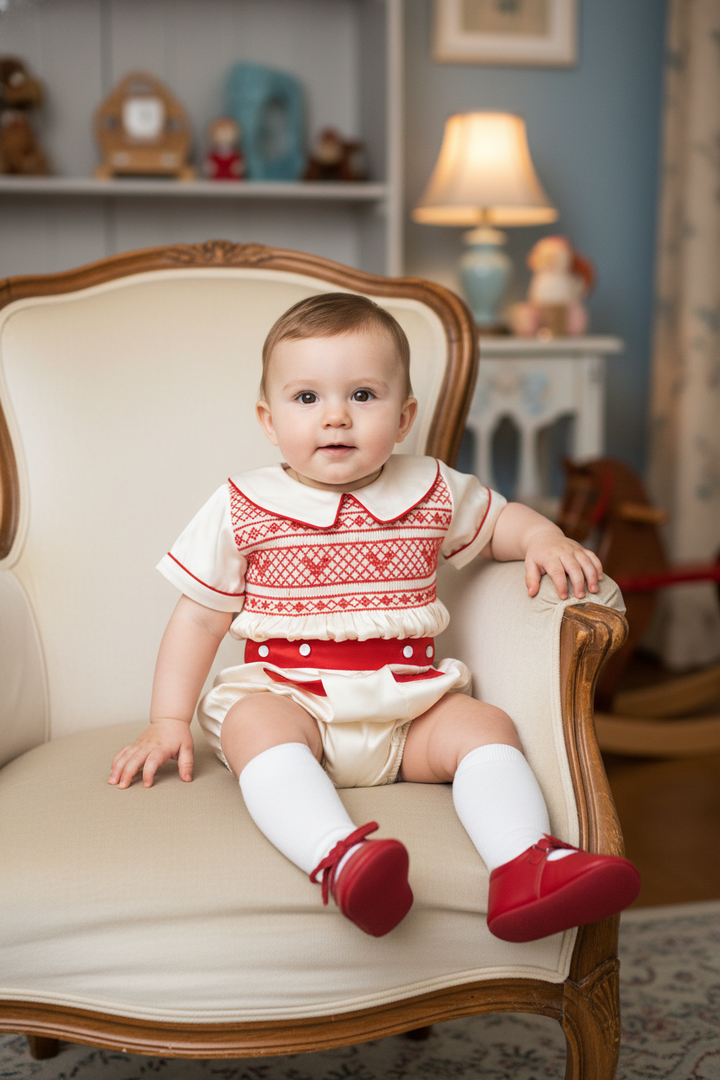 Ocean Baby Cream & Red Satin Buster Suit (NB-3Yr)