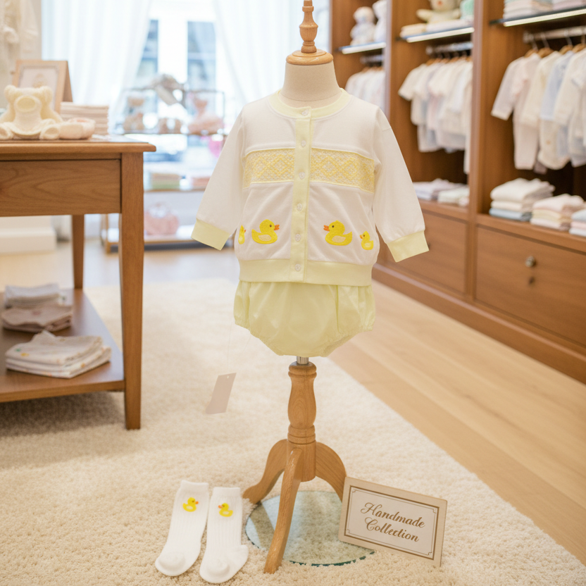 lemon cotton smocked baby boys suit with hand embroidered ducks. Spring baby wear newborn to 3 years