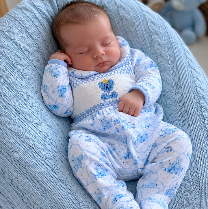 Ocean Baby Boys Smocked Old Fashioned Teddy Sleepsuit & Bib Set (NB-18M)