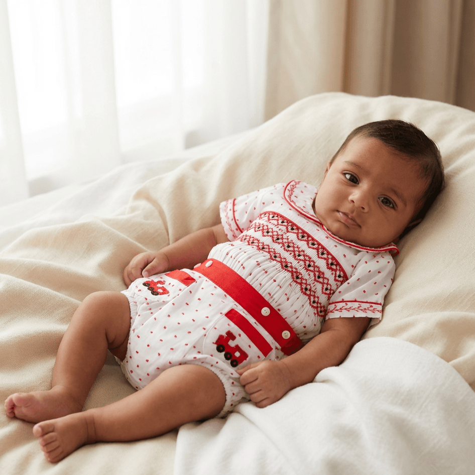 Ocean Baby Boys Red Swiss Dot Train Smocked Buster Pants Outfit (NB-3Yrs)