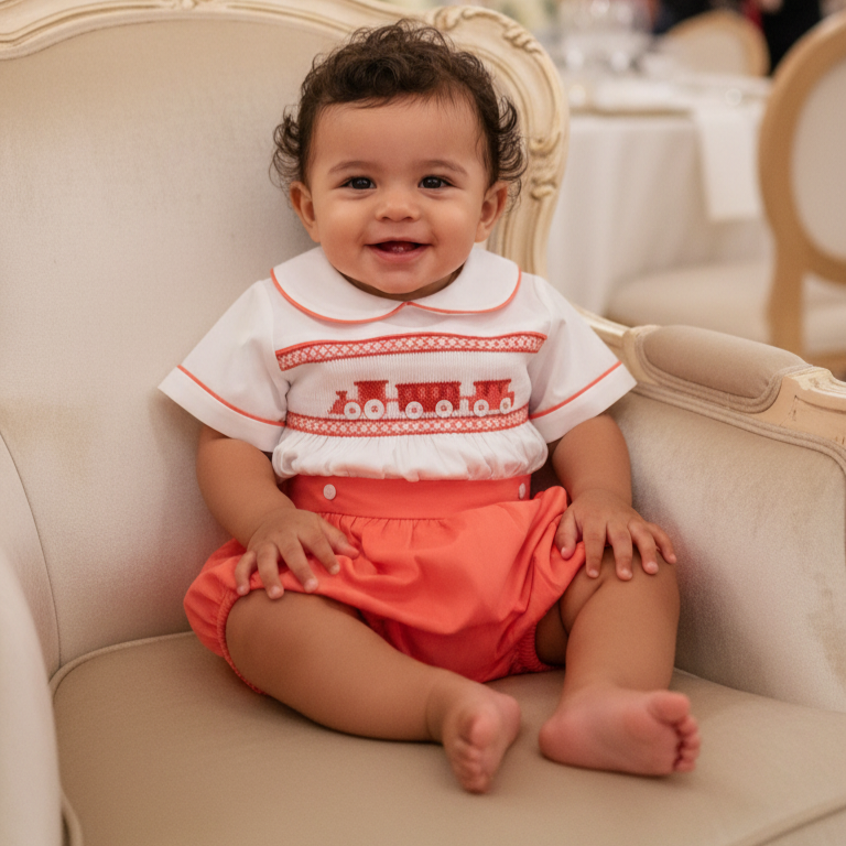 Ocean Baby Terracotta Train Themed Smocked Buster Suit (NB-2YRS)