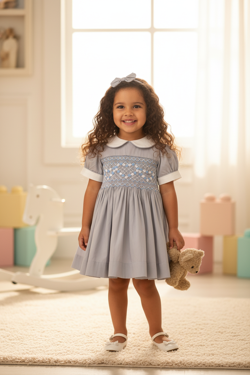 Ocean Baby Girls Platinum & Powder Blue Sateen Smocked Petticoat Layered Dress - (NB-10Yrs)