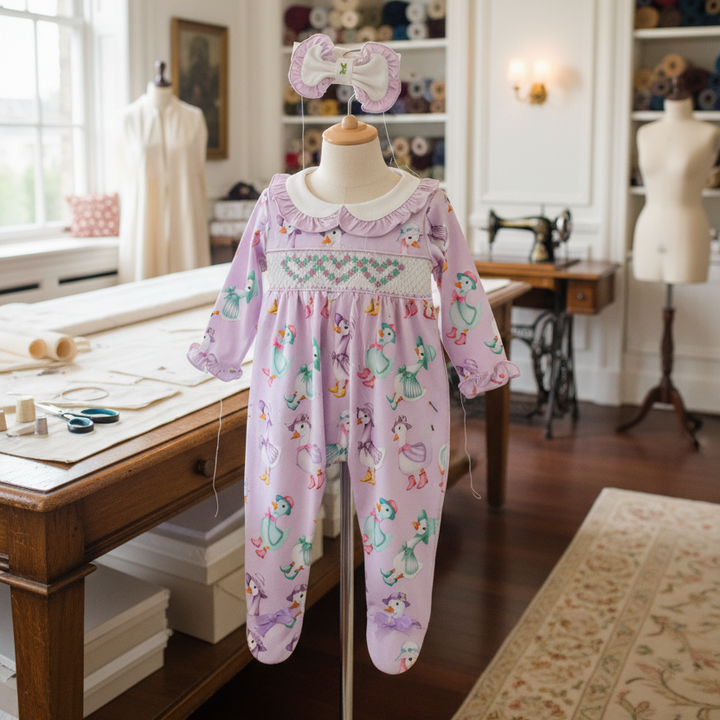 handmade smocked girls sleepsuit with geometric hand embroidery
