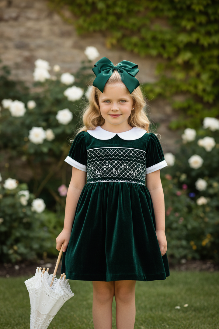 Ocean Baby Girls Emerald Velvet Smocked Petticoat Layered Dress (NB-10Yrs)