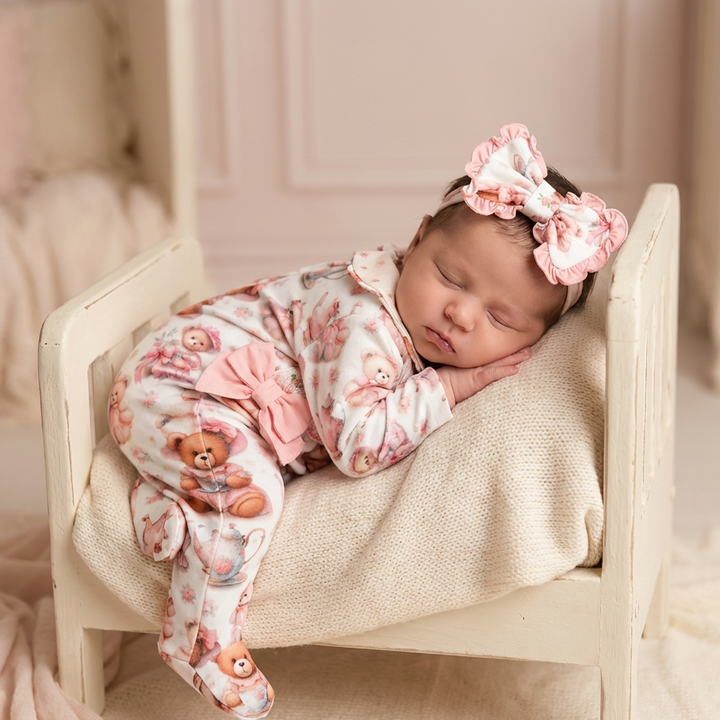 Ocean Baby Girls Teddy Tea Party Smocked Sleepsuit & Headband Set (NB-18M)