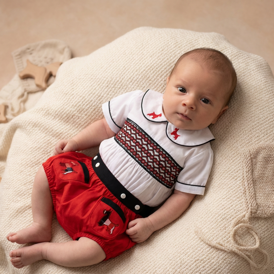Ocean Baby Boys Red Scottie Dog Smocked Buster Suit (NB-3Yrs)