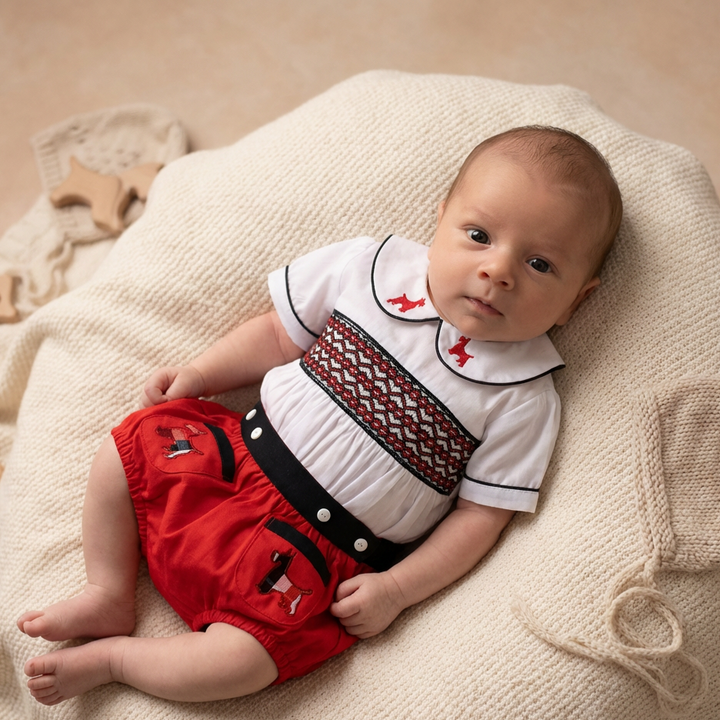 Ocean Baby Boys Red Scottie Dog Smocked Buster Suit (NB-3Yrs)