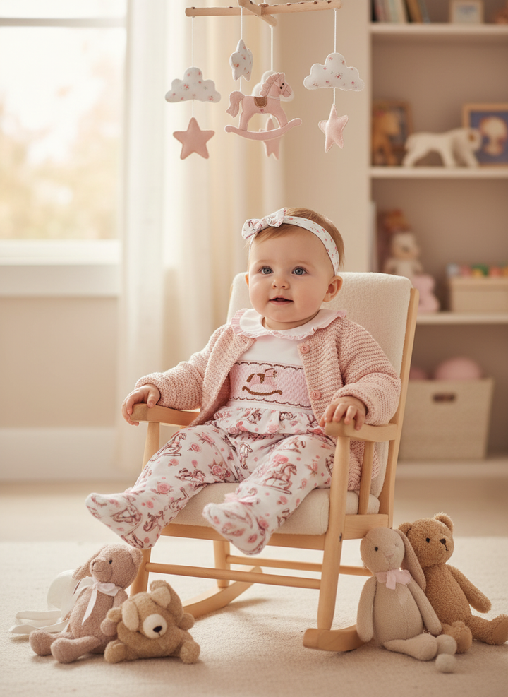 Ocean Baby New Concept Smocked Pink Rocking Horse Sleepsuit-Outfit & Headband Set (NB-18M)