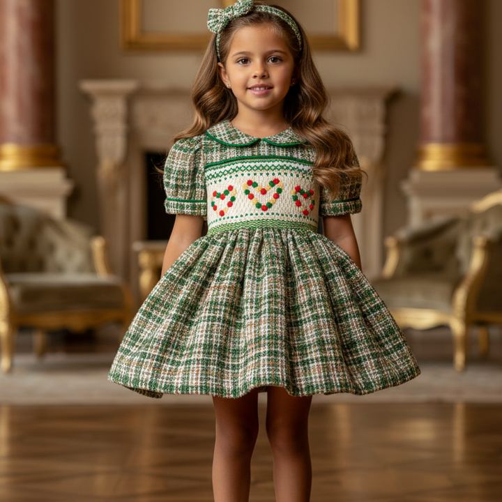 Ocean Baby Girls Smocked Green Tweed Heart Dress (NB-8Yrs)