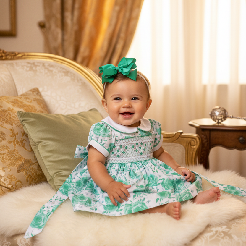 mint cotton smocked baby girls hand embroidered