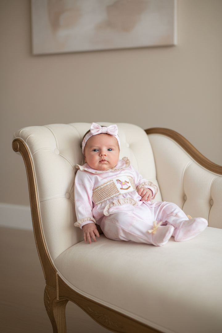 Ocean Baby Girls Smocked Rocking Horse Sleepsuit & Headband Set (NB-18M)