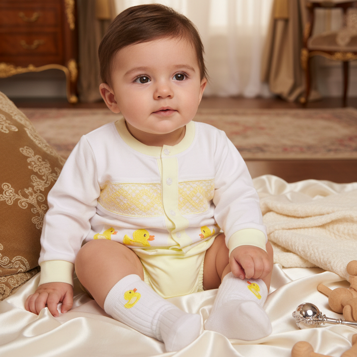 lemon cotton baby boys smocked handmade outfit duckling baby clothes embroidery baby wear