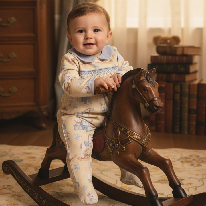 smocked baby boy sleepsuit cream cotton bunny theme hand embroidered handmade 