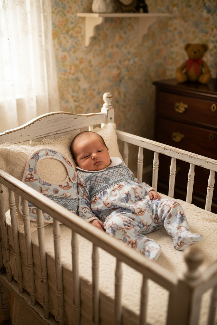 Ocean Baby Boys Smocked Vintage Toy & Bunny Print Sleepsuit & Bib Set (NB-18M)