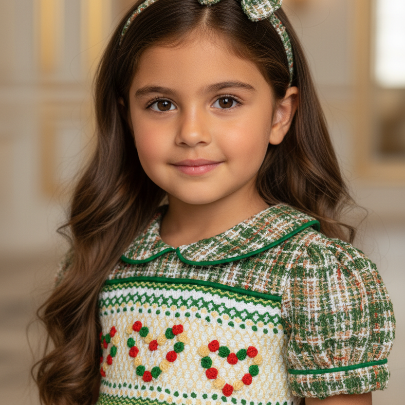 Ocean Baby Girls Smocked Green Tweed Heart Dress (NB-8Yrs)