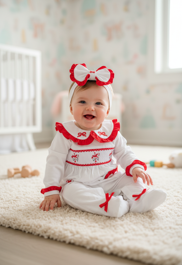 Ocean Baby Girls Red Smocked Rocking Horse Sleepsuit & Headband Set (NB-18M)