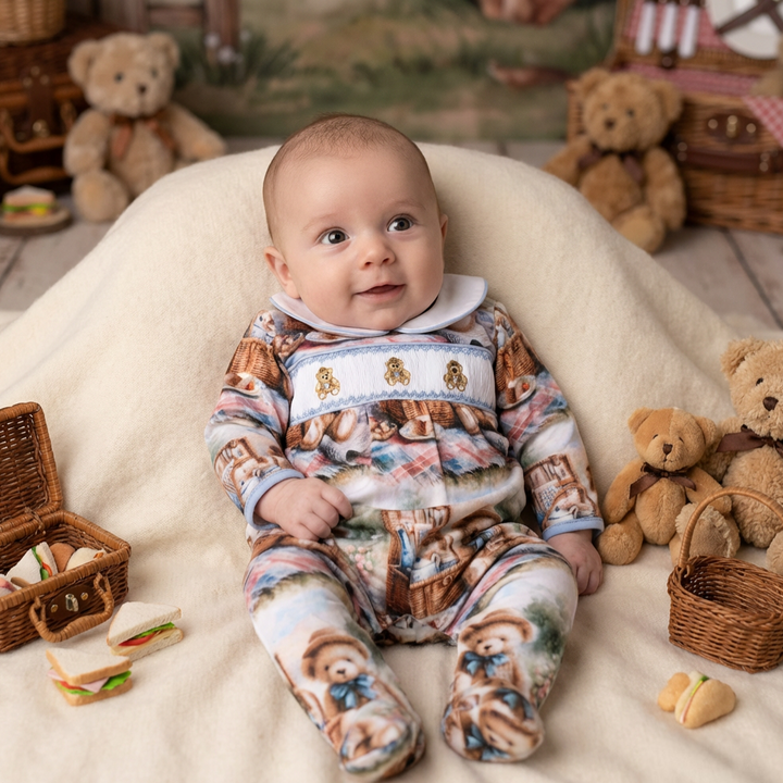 Ocean Baby Boys Teddy Bear Picnic Smocked Sleepsuit & Bib Set (NB-18M)